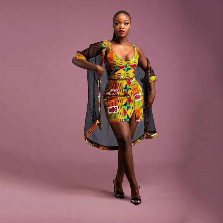 

Wholesale Customized Logo Leisure Clothes African Style Kente Kimono Full Set, Customized color