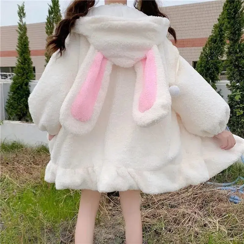 

Japanese Style Autumn Winter Women Sweet Warm Jacket Kawaii Soft Lambswool Ruffles Rabbit Ears Hooded Coats Girls Parkas Outwear