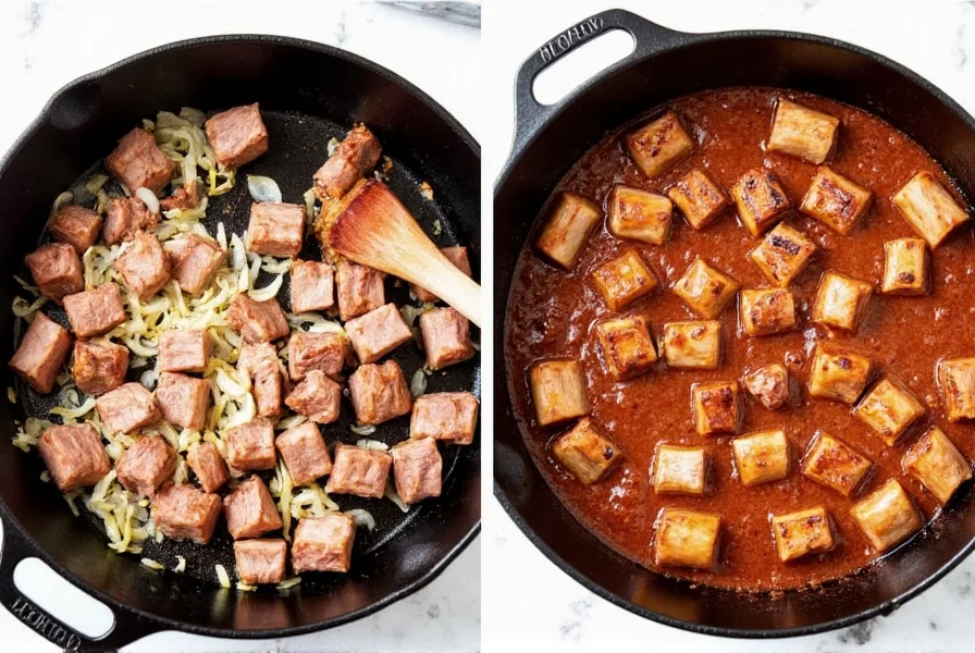Step-by-step pork chili cooking process showing browning pork shoulder cubes in cast iron pot with onions and garlic
