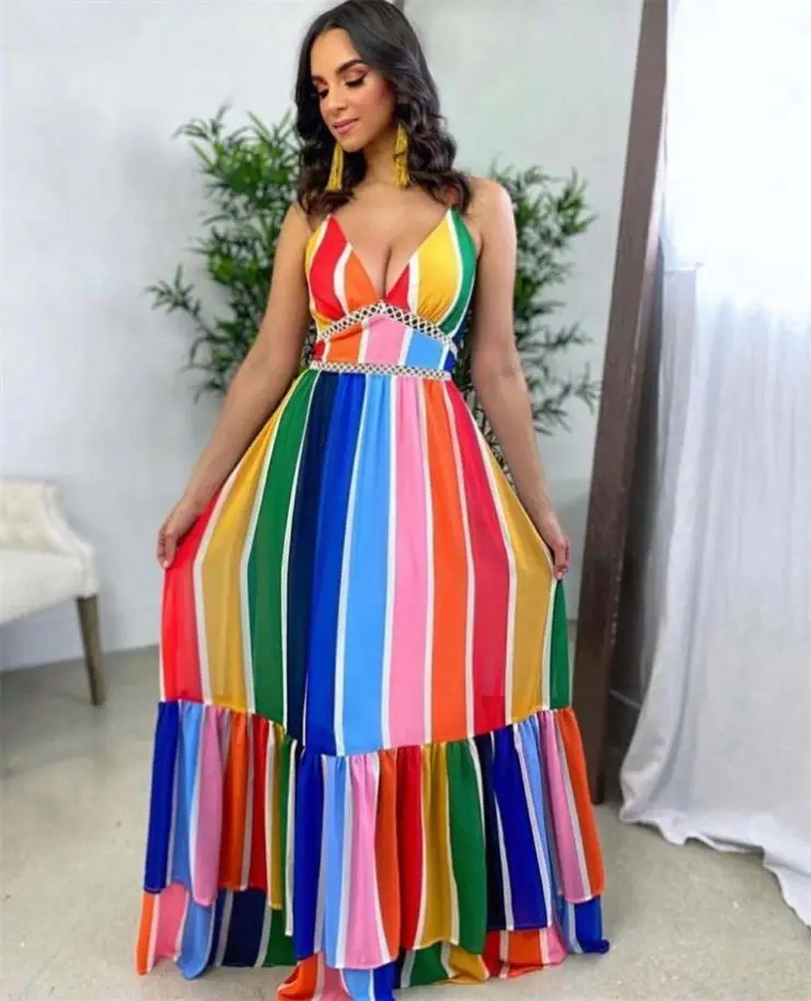 

CATHY Hot Selling Rainbow Colorful Spliced V-Nesk Spaghetti Strap Ruffles Summer Maxi Long Sundress Women Sun Casual Dresses