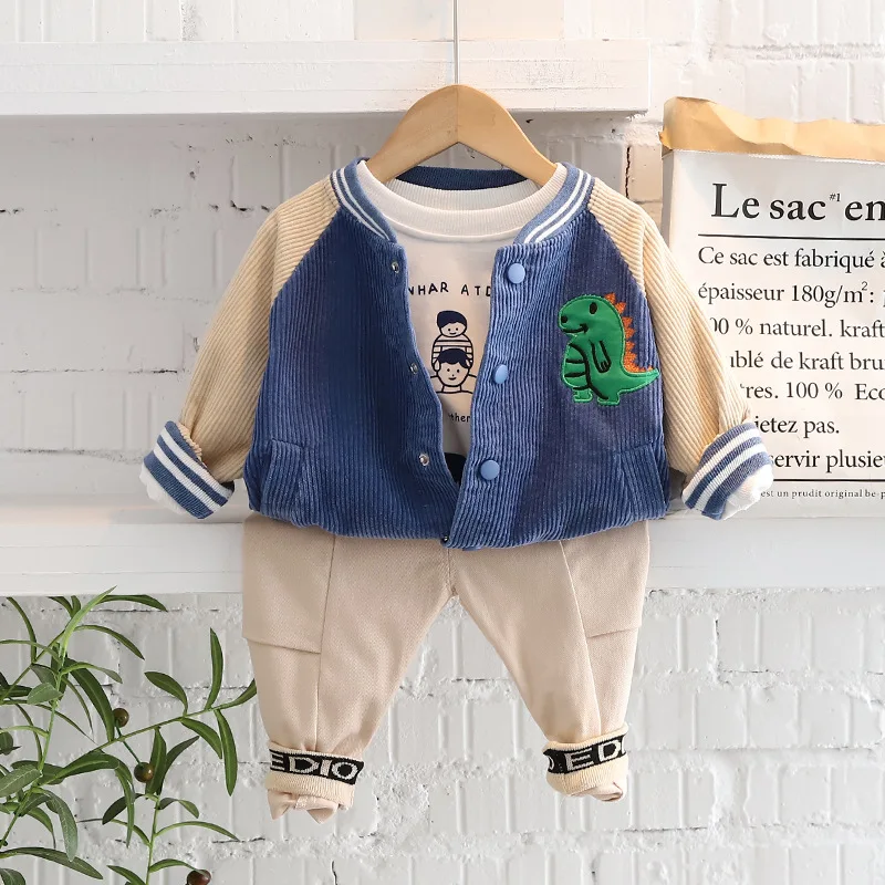 

New arrival fashion spring autumn kids 3 Pieces Clothing Set dinosaur coat+ cartoon T-shirt + pants for kids, Picture shows