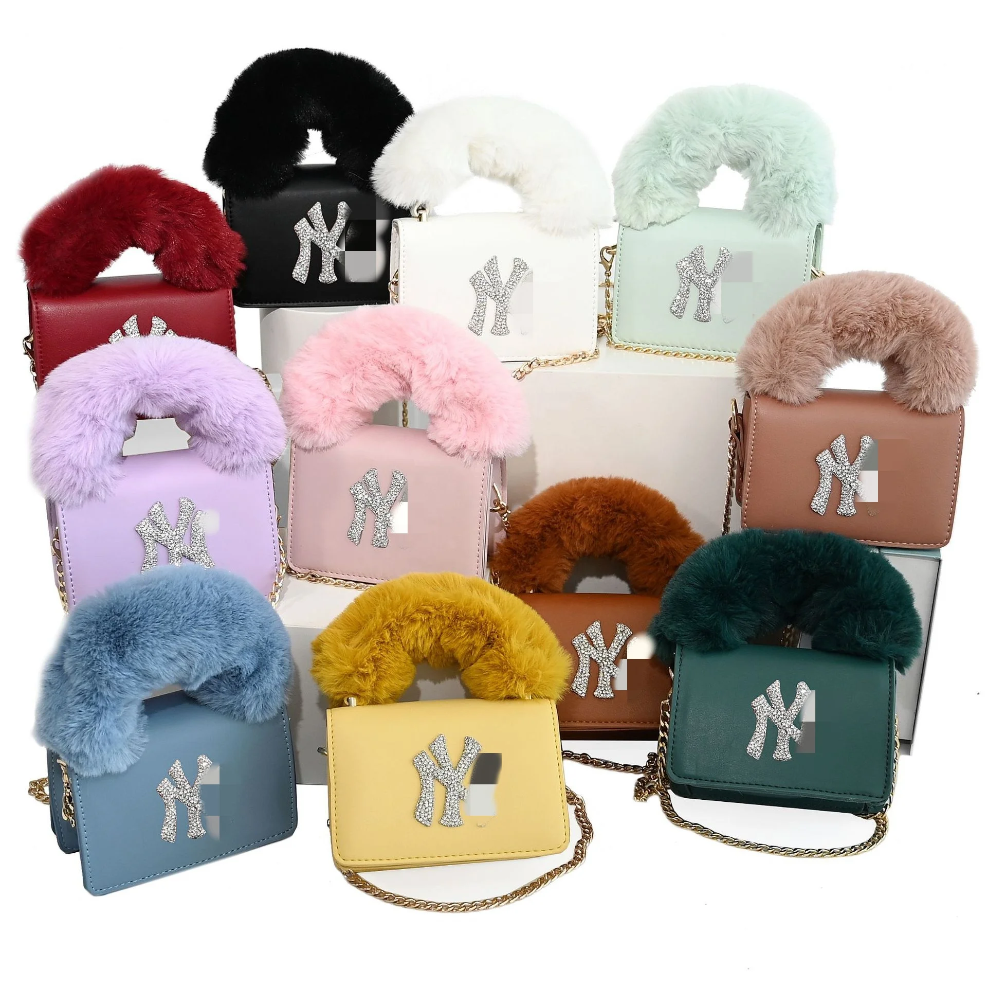 

2021 New Arrivals Fashion Furry Fur Purses Women HandBags Purses and Hat Set Luxury Handbags for Women, Customizable