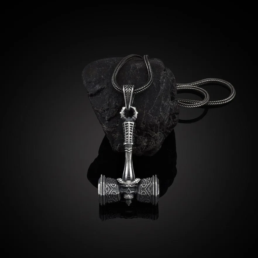 

Vintage Medieval Style Viking Necklace For Men Pure Tin Pirate War Hammer Skull Pendant Necklace Men's Amulet Gift Totem, Antique black