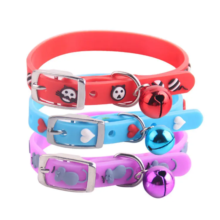 

Hot Sale Adjustable Multiple Colors Style Cartoon Small Pet Dog Rubber Silicone Cat Collar With Bell, Random colors