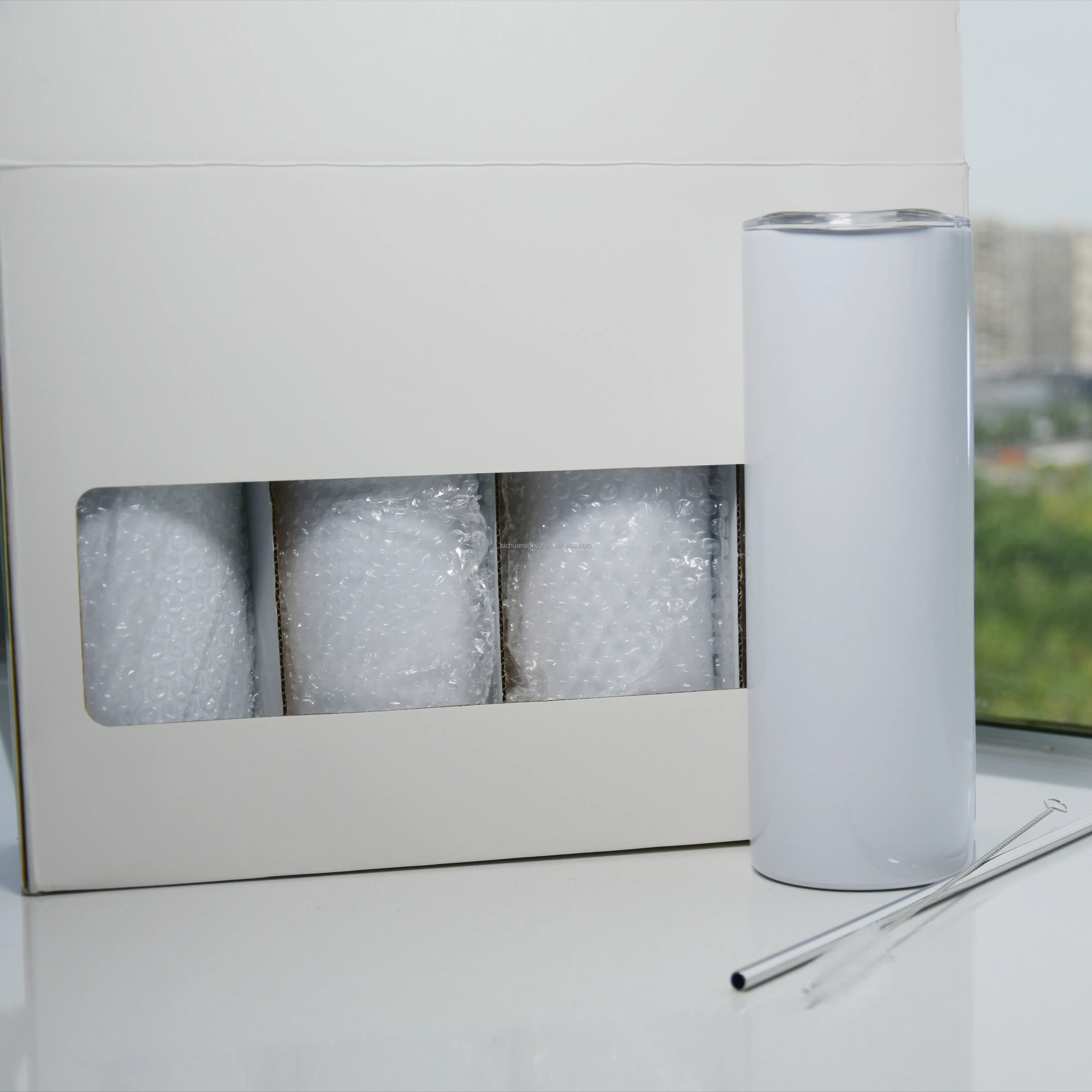 

20oz skinny straight sublimation tumbler pack of 4 double wall insulated tumbler set coffee mug with metal straws and brushes