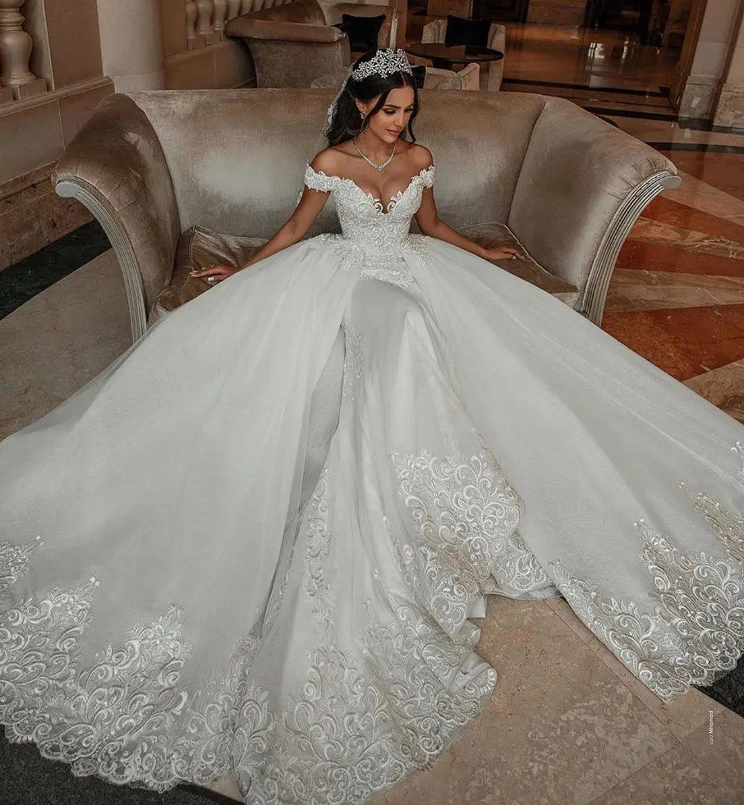 

Luxury Lace Beaded Wedding Dresses Overskirt Removeable Train Tulle Vintage Off Shoulder Wedding Bridal Gowns Vestidos De Novia, Custom made
