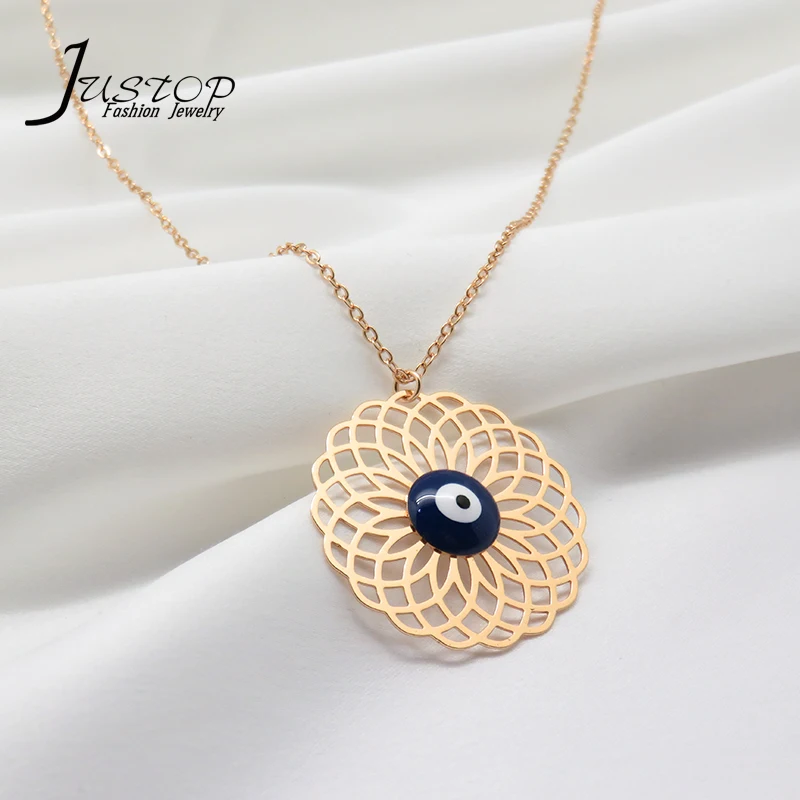 

Jewelry Wholesale Gold Plated 3cm Flower Pendant 70cm Long Chain Necklaces With Eye, As picture