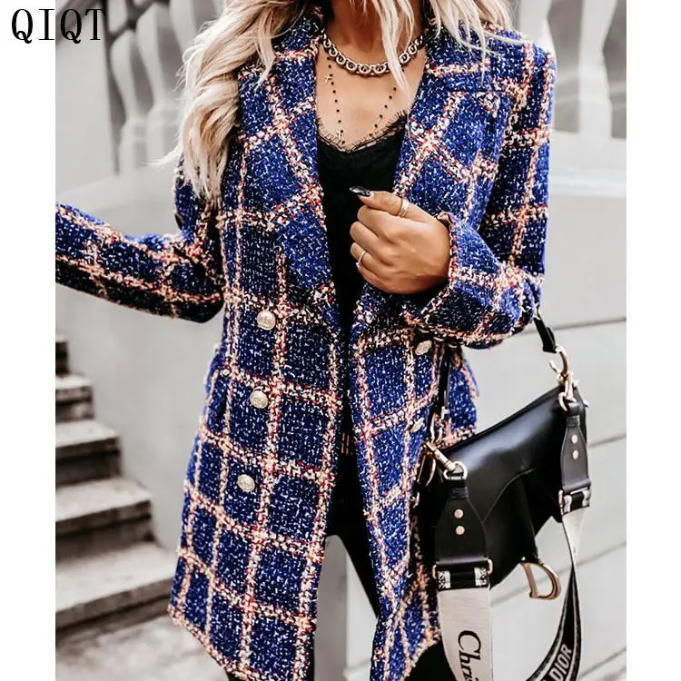 

Newest Design Women Coats Winter And Autumn Fashion Lapel Blazer Plaid Printed Double Breasted Fall Coat For Women