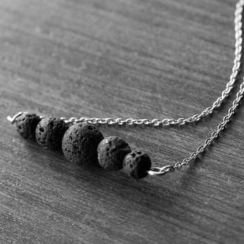 

Handmade 5 PCS Black Lava Stone Beads Essential Oil Diffuser Adjustable Pendant Necklace, Silver/gold