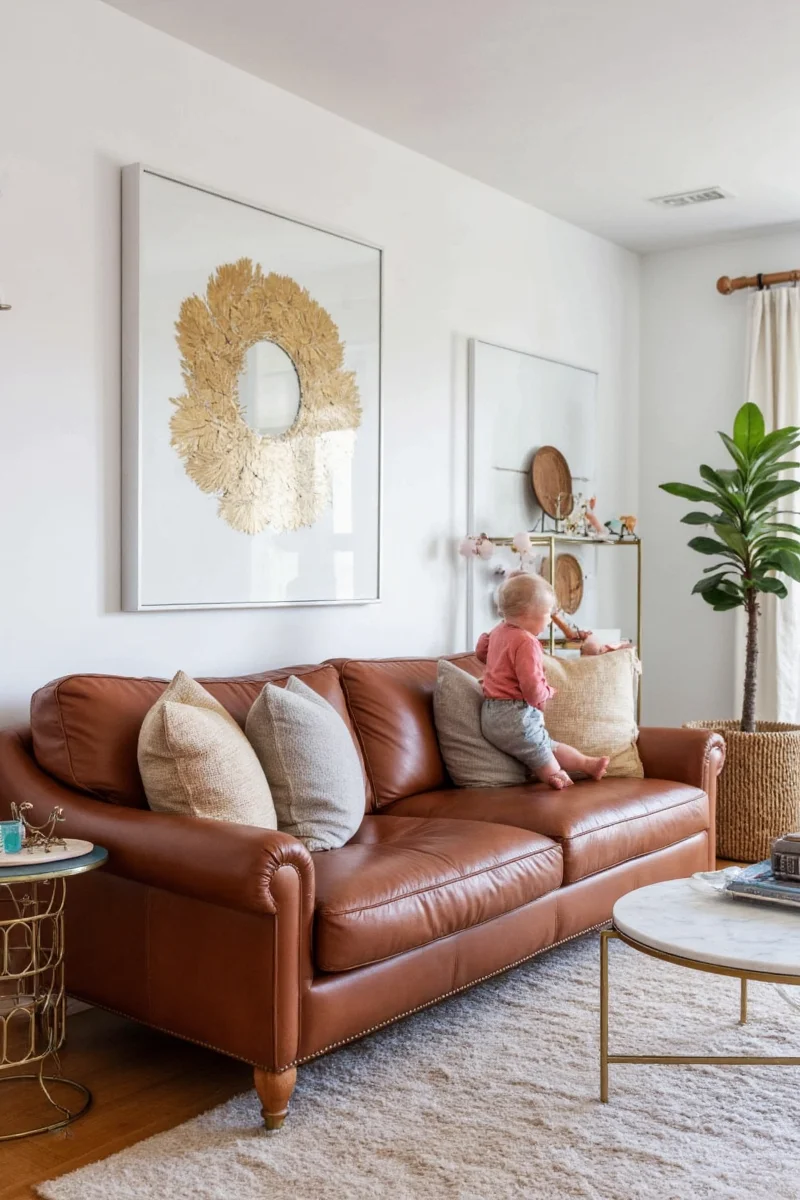 Cozy family living room with dark brown leather couch