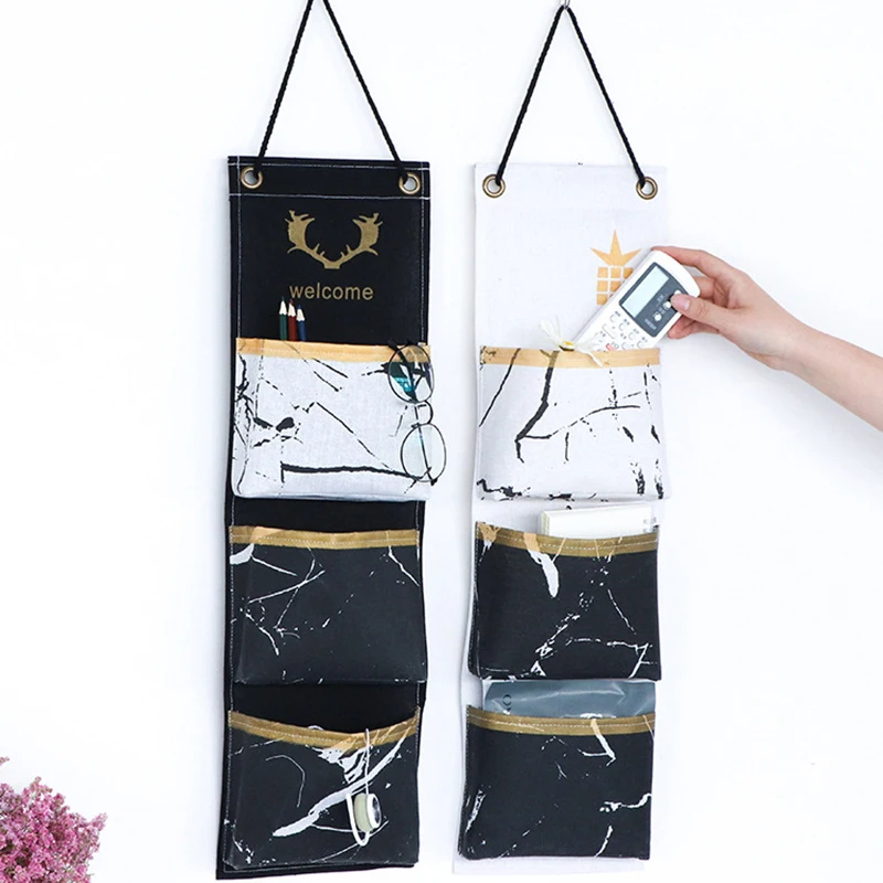 

Personalized INS style cotton and linen wall-mounted storage bag 3 pocket decorative storage hanging bag, Black,white