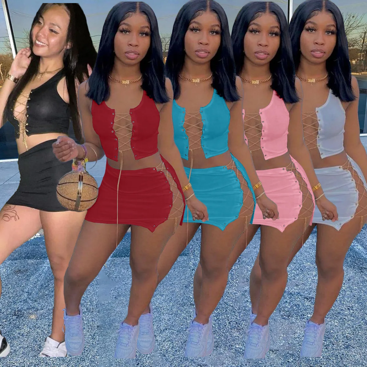 

ALS237 Free shipping sexy bandage chain woman set sleeveless summer outfits crop top skirt women two piece sets
