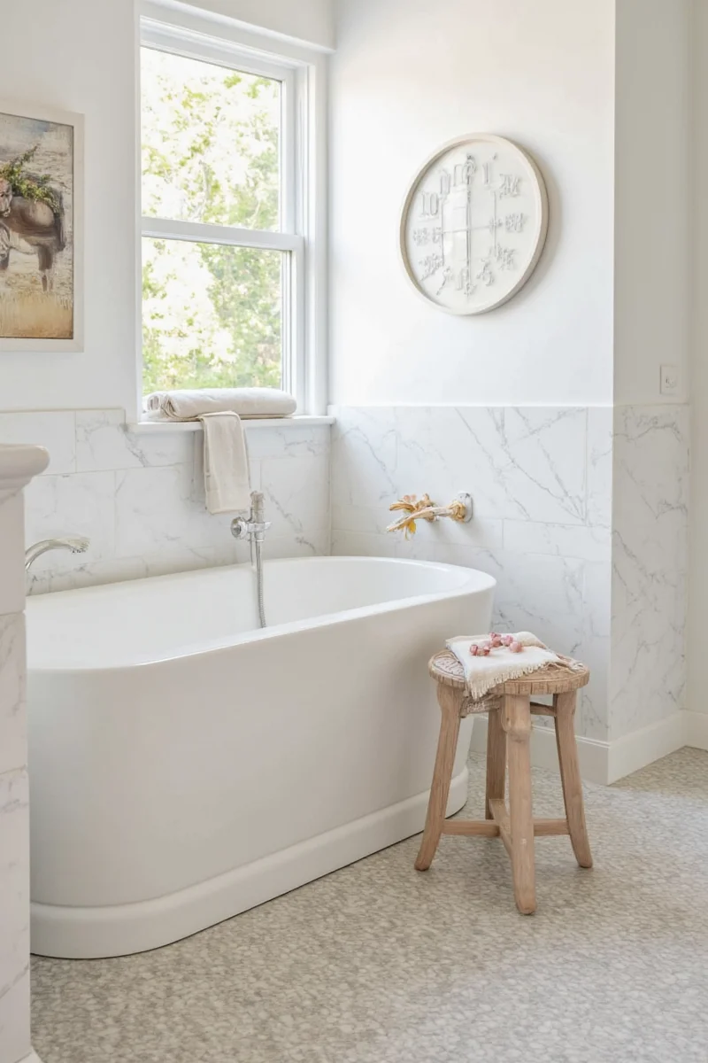 Open shelving in a bathroom with baskets