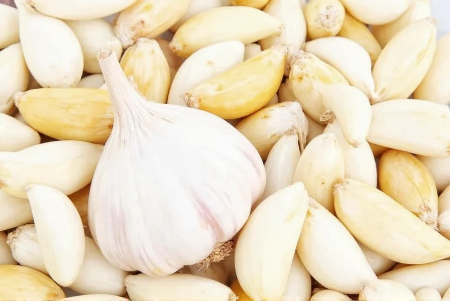 Chef's hand mincing fresh garlic cloves on wooden cutting board