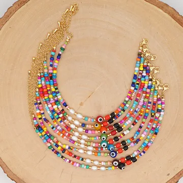 

Boho Ethnic Rainbow Eyes Seed Beaded Anklet Bracelet 18k Gold Plated Rice Beads Baroque Pearl Evil Eyes Anklet For Women Men