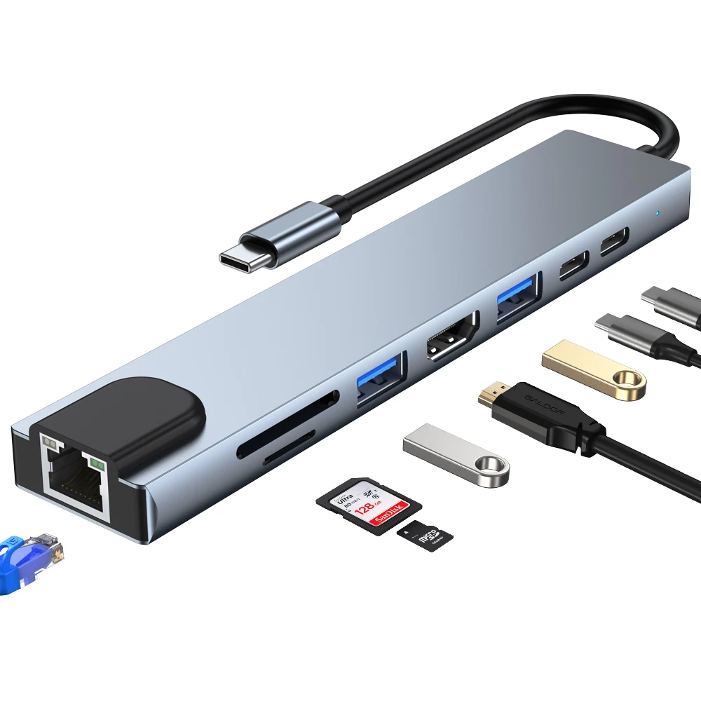 

USB C Hub Docking Station HDTV 4K Monitor Dual USB A Ports 8 in 1 USB C PD USB3.0 USBC PD LAN TF SD Card Reader