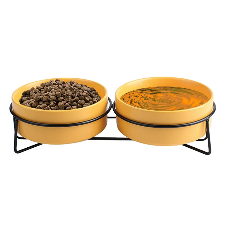 

Hot Selling Luxury Designer Custom Sublimation Elevated Pet Cat Food Water Feeder Metal Stand Ceramic Double Dog Bowl For Indoor