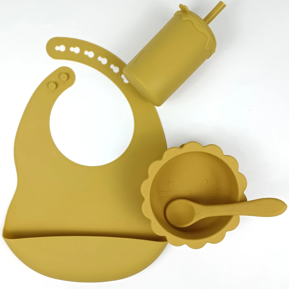 

Baby Silicone Feeding Set Baby Bibs Silicone Lion Shaped Suction Bowl Water Drinking Cups With Straw Baby Spoon Set-4 Packs, Variety color in stock