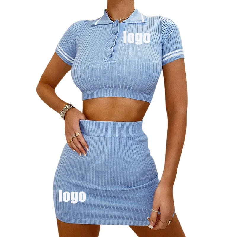 

Knitting Ribbed Fashion Women Two Piece Sets Short Sleeve Casual Bodycon Outfits Button Crop Top And Skirt Co-ord Set