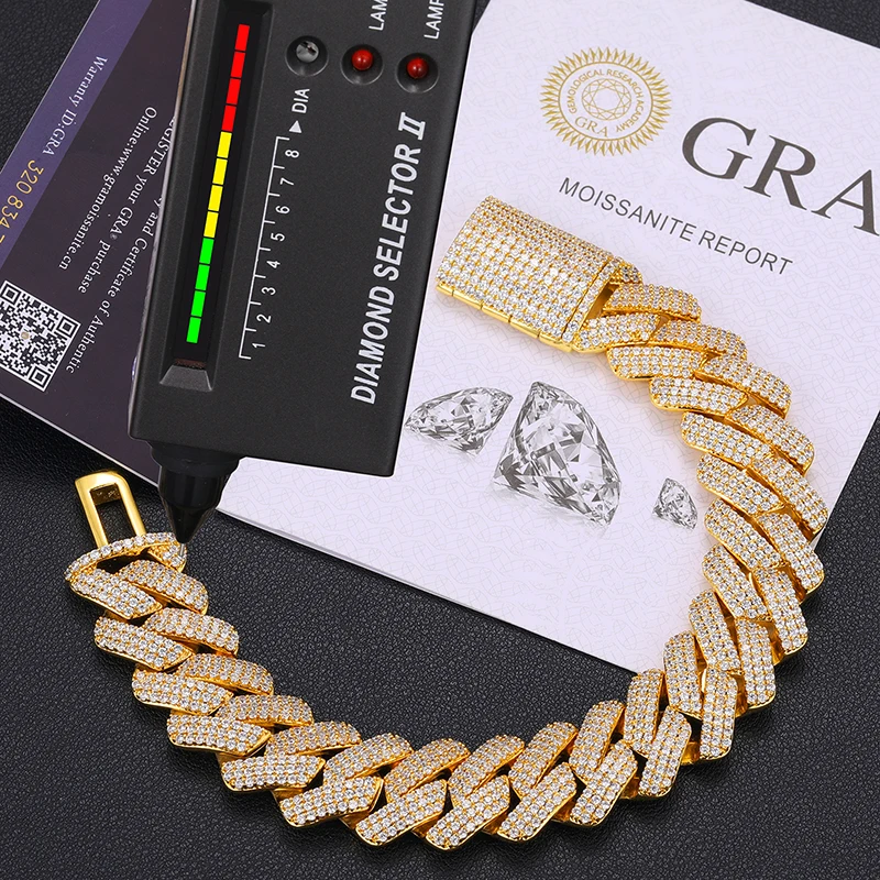 

Fine Jewelry Hip Hop Men 20mm 925 Gold Plated Sterling Silver 3 Rows VVS Moissanite Diamond Cuban Link Bracelet