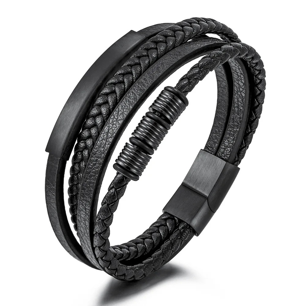 

titanium steel woven bracelets titanium steel magnetic buckles and multi-layer leather bracelets for wholesale