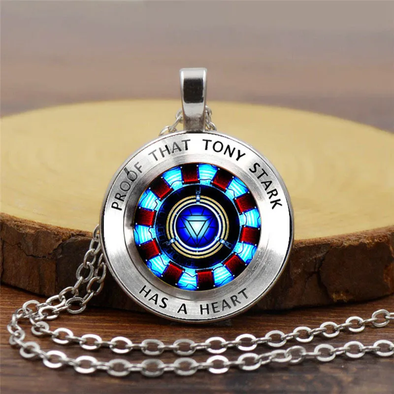

Newest Design The Avengers 4 Endgame Tony Iron Man Heart Printed Glass Gem Key Ring Necklace, Pictures