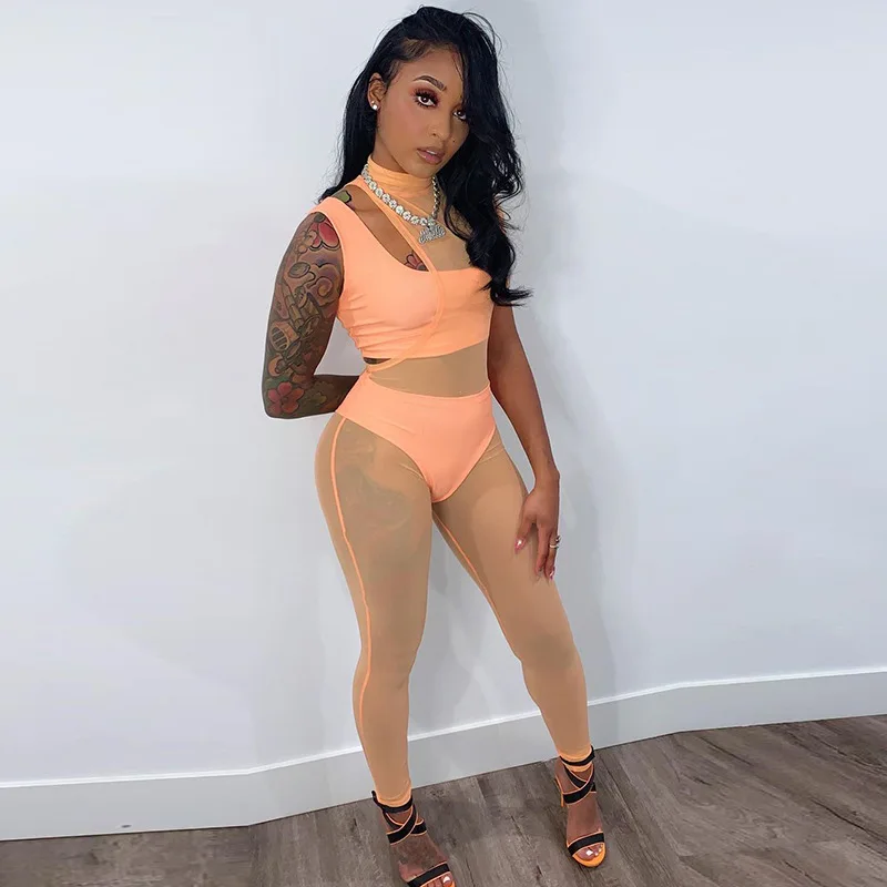 

Women's new clothing irregular breast-wrapped underwear hollow mesh jumpsuit 3 piece sets