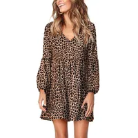 

2020 New Arrival Ruffle Long Sleeve V-Neck Tunic dresses women Loose Leopard Casual Dresses