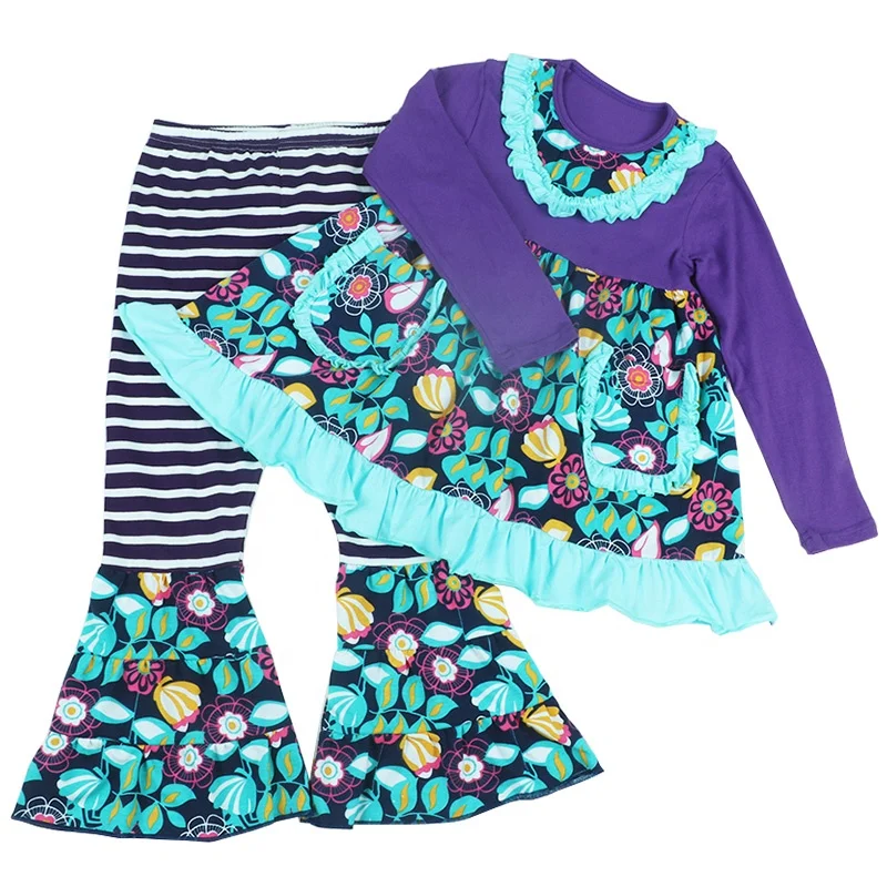 

boutique 7 years baby winter girl clothes floral pearl dress purple striped bell pants teenager girls clothes