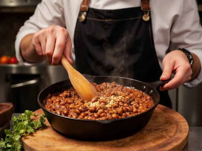 Chef mashing refried beans in cast iron skillet