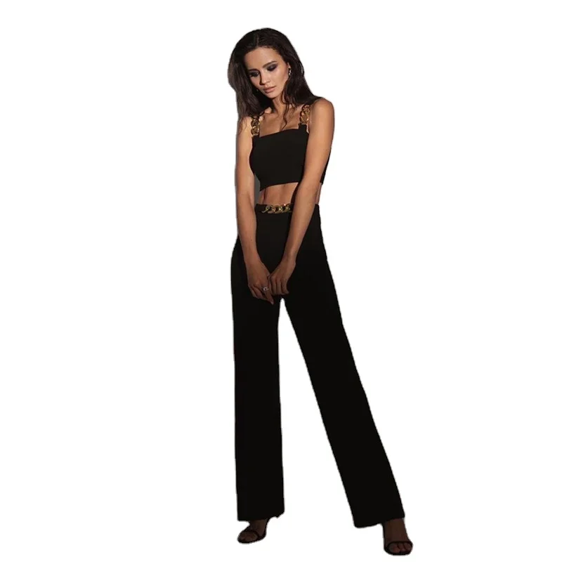 

10909-MX89 straight pant solid color crop top suit two piece set women clothing sehe fashion