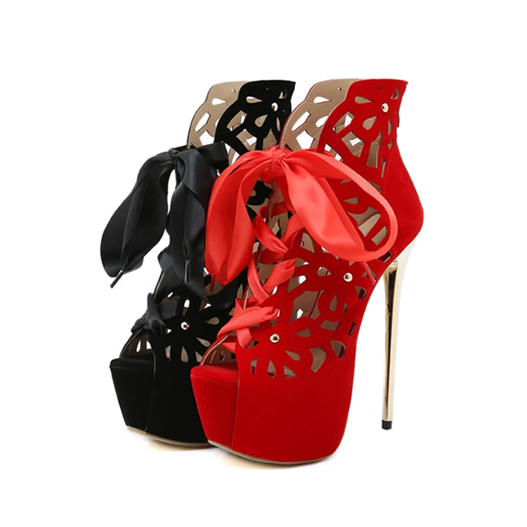 

New Red Black Wedding Party Platform Hollow Breathable Women Sandals Open Toe Zipper Thick Stilettos Ladies Sandals