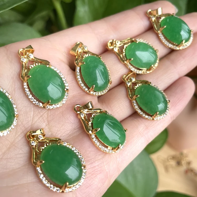 

2021ins Fashion Iced Out diamond green jade pendant natural real jade stone charm necklace