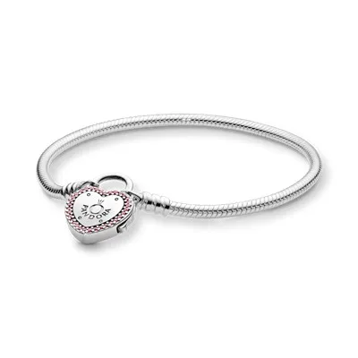 

925 Sterling Silver Pink Zircon Stone Heart Padlock Clasp Snake Chain Bracelet With Logo Fit Pando Charm For Women DIY, Silver / rose gold / gold