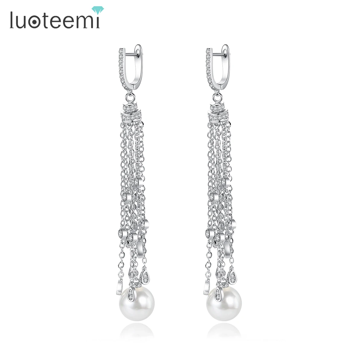 

LUOTEEMI Crystal Earring Tassel Bijoux Good Quality Waterdrop CZ Pendant Dangle Chandelier Long Diamond Tassel Earring