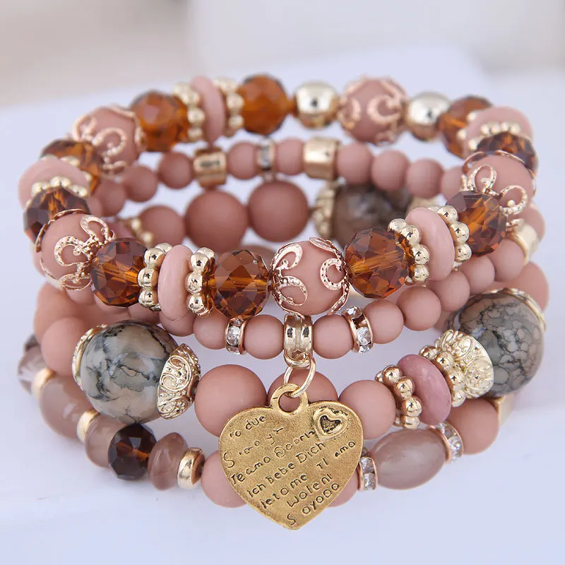 

4 Piece Set Heart Charm Bohemian Bracelet Set, Golden silver