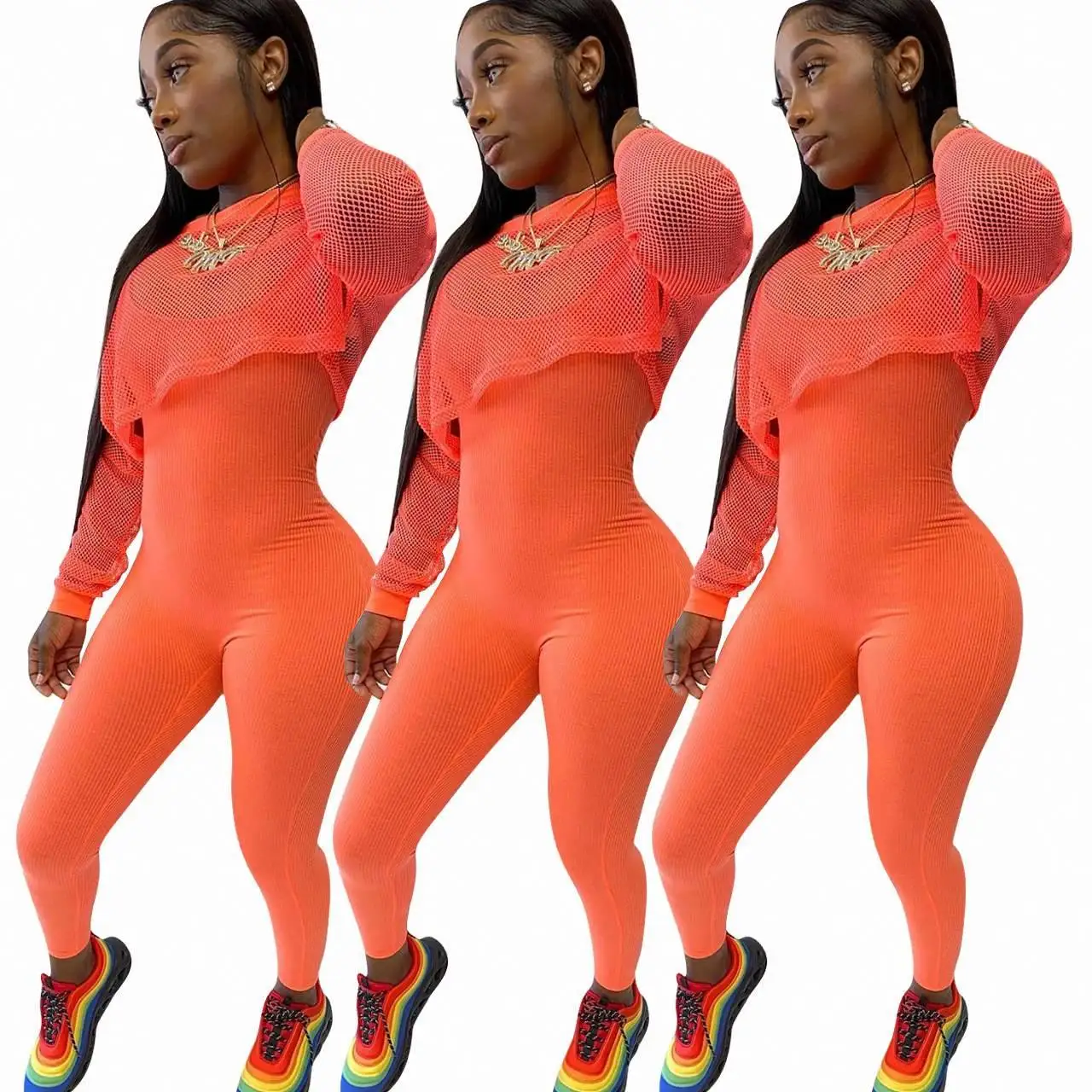 

2020 Wholesale Autumn Solid Color Sexy Mesh Streetwear Sportswear 2 Piece Jumpsuits