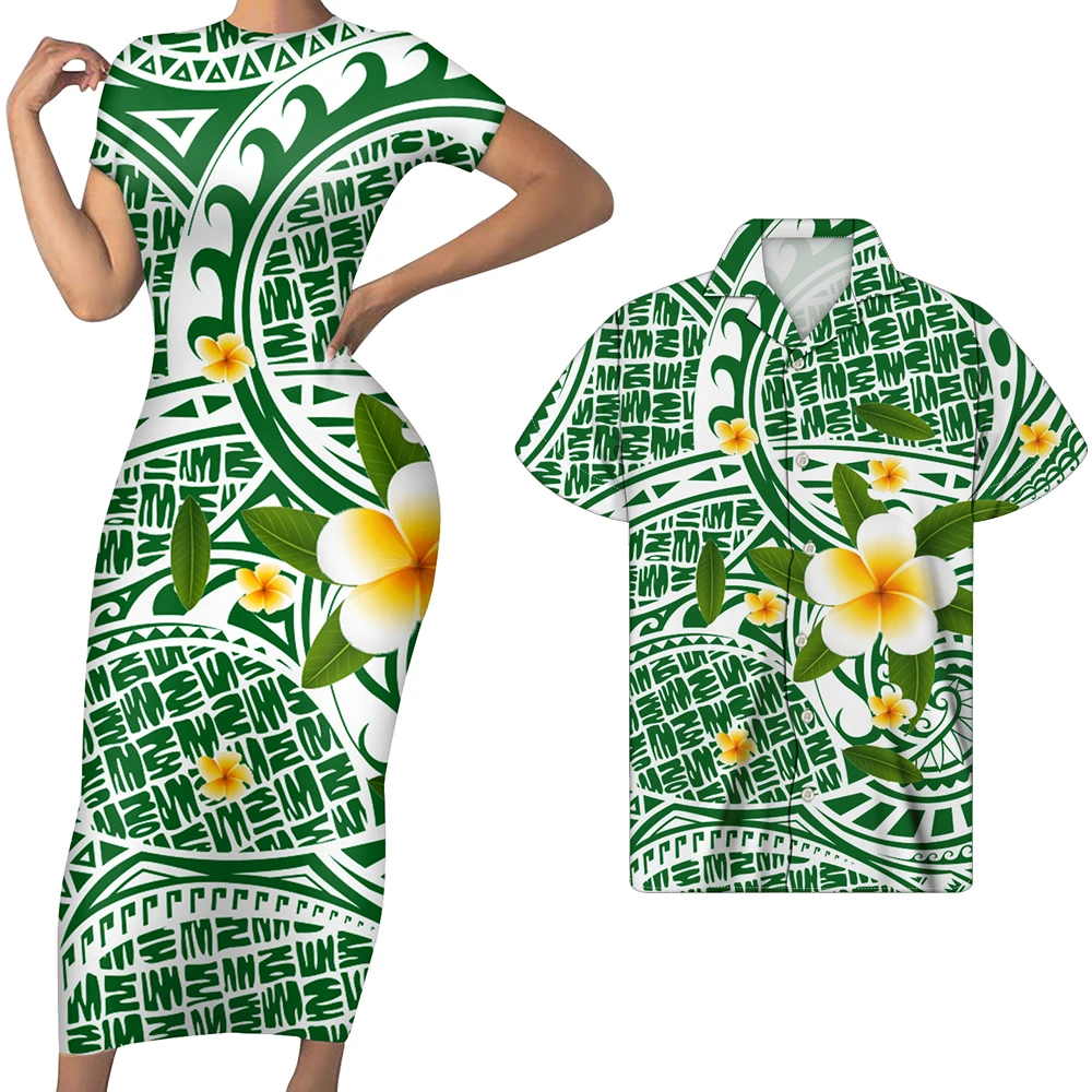 

Lady Elegant Short Sleeve Casual Green Stripe Bohemian Long Floral Maxi Dress Women Polynesian Sexy Summer Bodycon Couple Outfit