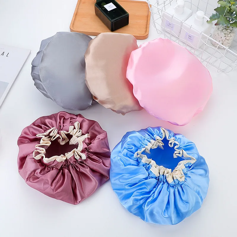 

Women Hair Shower Hat New Design Ladies Double-layer Thick Waterproof Shower Cap Customized Printing Shower Cap