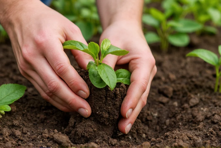 Close-up of hands transplanting young poblano pepper seedling into garden soil