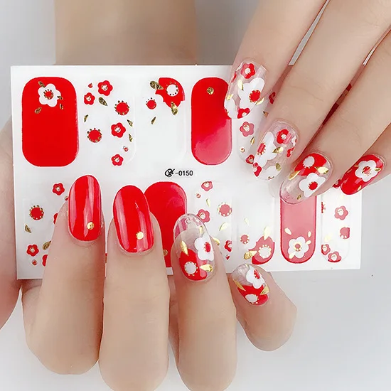 

Floral Print Finger Nail Stickers Pastoral Style Gold Stamping Women Nail Art Sticker, As show
