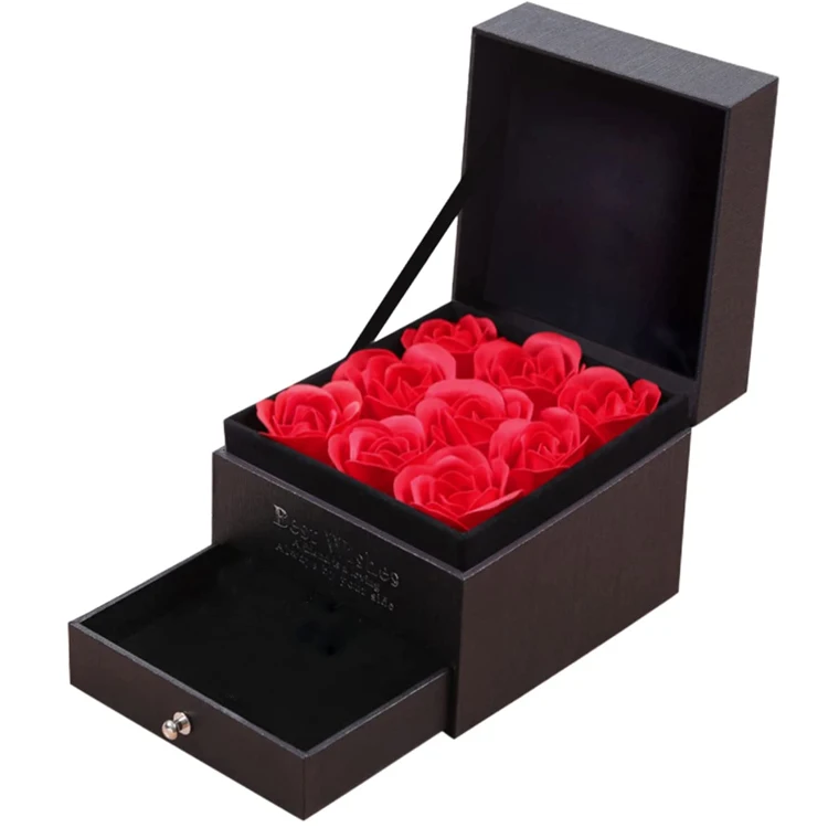 

Internal Perfume Red Rose Black Drawer Paper Box With Windows For Anniversary