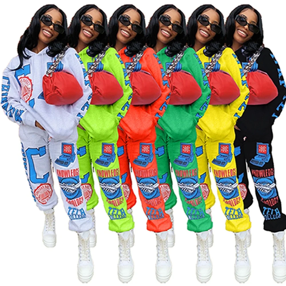 

Printed Fleece Lined Hoodie Sweatsuit Set Women