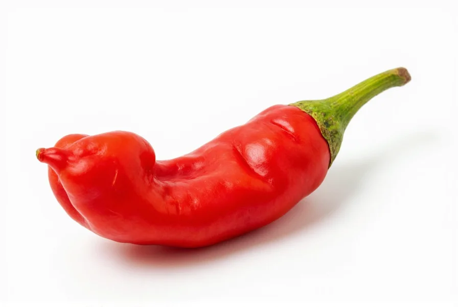 Close-up photograph of a ripe red ghost chili pepper showing its wrinkled texture and tapered shape against a white background