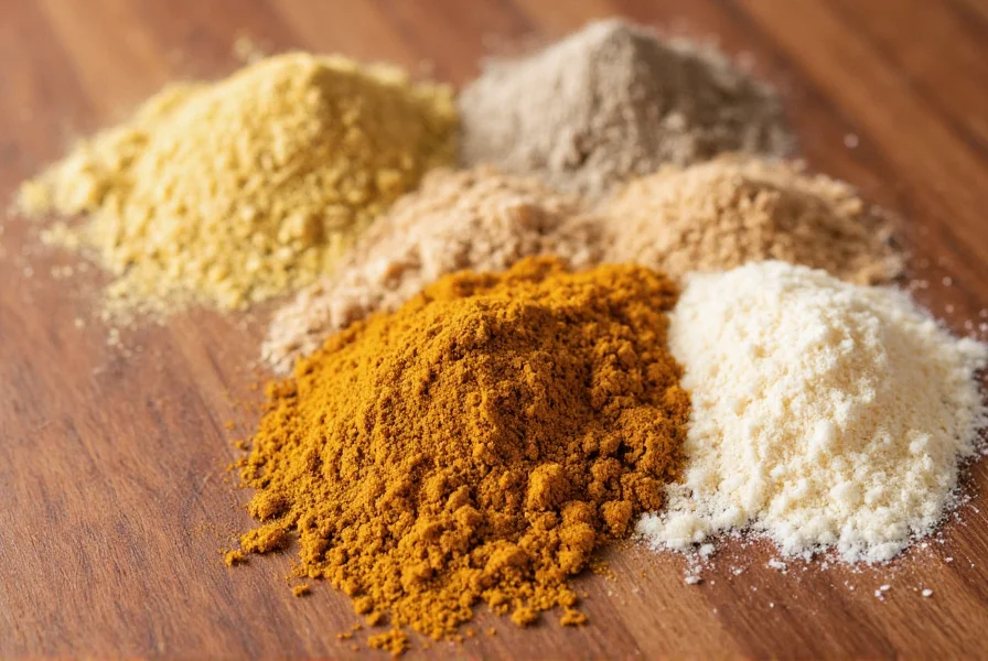 Close-up of various asafoetida powder substitutes arranged on wooden table including onion powder, garlic powder, and commercial hing substitute