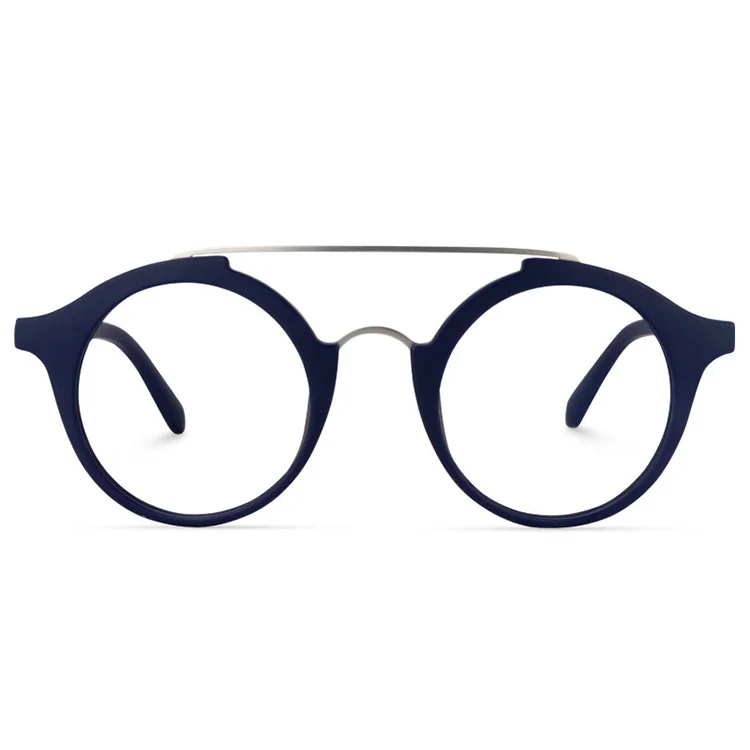 

Fashionable Vintage Double Bridge Round Metal TR90 Dark Blue Optical Frame for Men and Women Eyeglasses