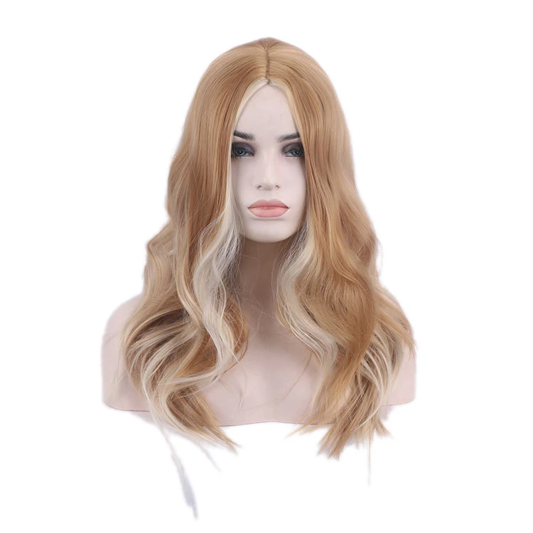 

Center Bangs Mixed Color Gradient Long Curly Hair 24 INCH High Temperature Silk Natural Daily Female Wigs, Pic showed