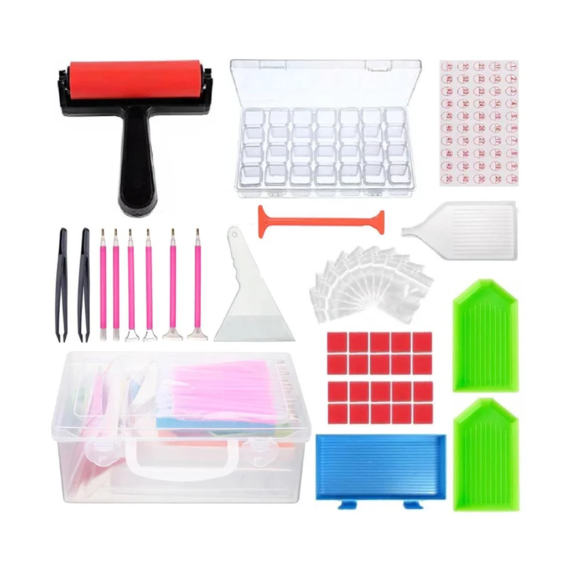 

Wholesale Price Diy Diamond Painting Tools Accessories Kit 28 Grid Storage Box Pen Clay Tray Rubber Roller Diamond Corrector