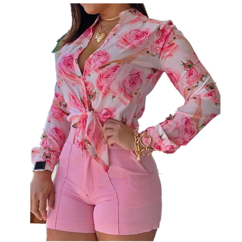 

Women Floral Print Stand Collar Long Sleeve Tie Front Causal Top Shirt Blouse V Neck Ladies Top Casual Button Slim Blusa