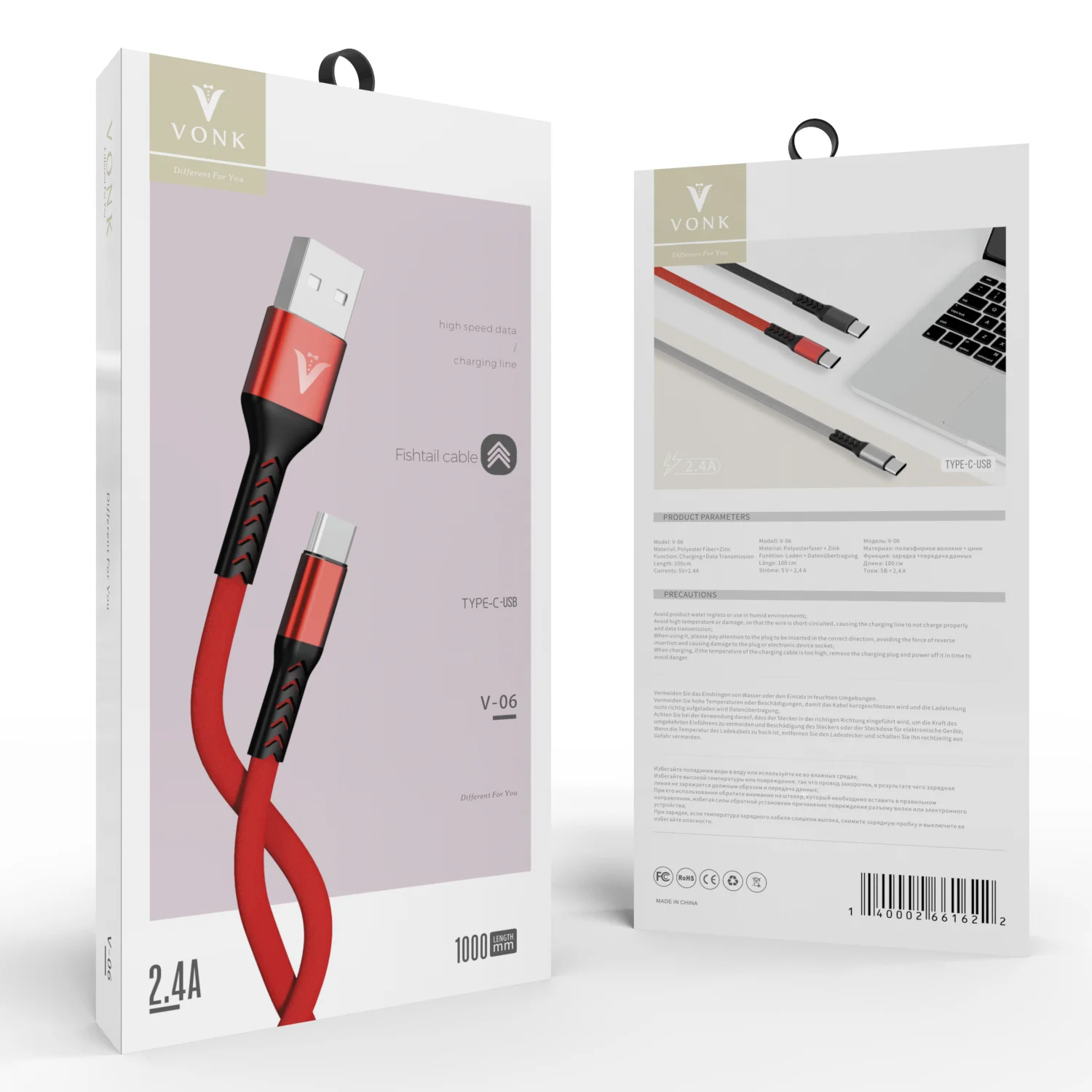 

VONK V06 usb cable wholesale type c fast cable 2.4A Fishbone Line Type C usb data cable